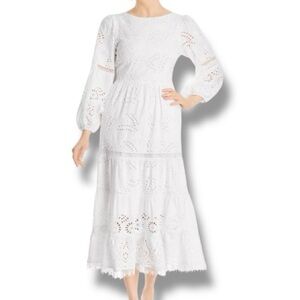 KOBI HALPERIN Zadie Bubble Sleeve Cotton Eyelet Dress in White Waist Tie Medium